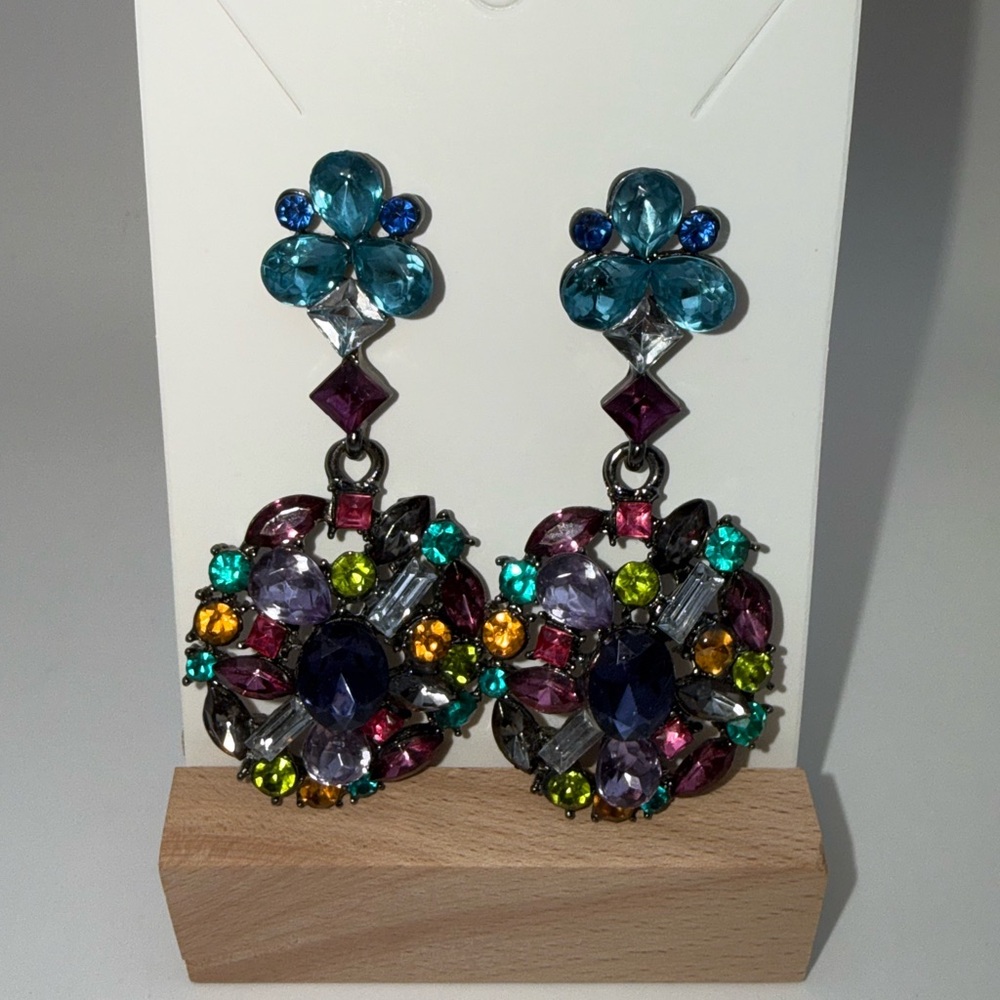 Multicolor Rhinestone Statement Earrings Chandelier Dangle Boho Crystal Floral